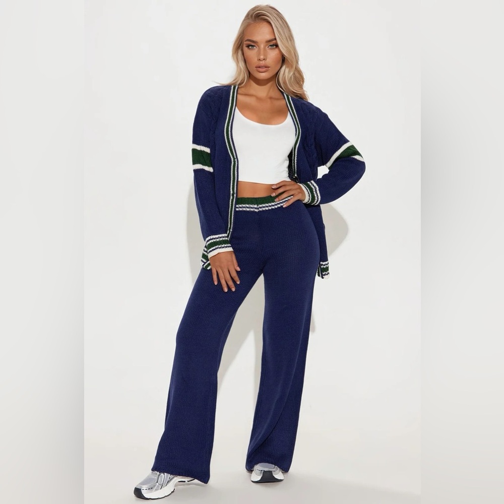 Blue Knit Cardigan and Pants Set